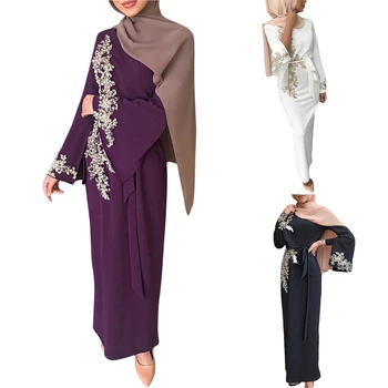 Naiste Moslemi Dubai Abaya Pikk Varrukas, Maxi Kleit, Lilleline Pits Profileerimine Liimida Türgi Hijab Rüü Seal Kaftan Islami Riided