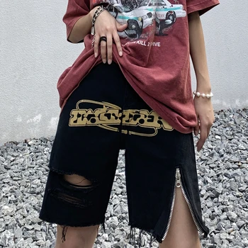 Suvel Õnnetud Teksad, Lühikesed Püksid Teismelised Tüdrukud Jaapani Mood Gooti Streetwear Naiste Split Zip Disain Ripitud Denim Püksid